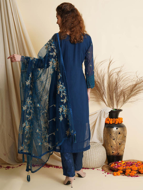 Women's Navy Blue Embroidered Panty Kurta Set - Odette