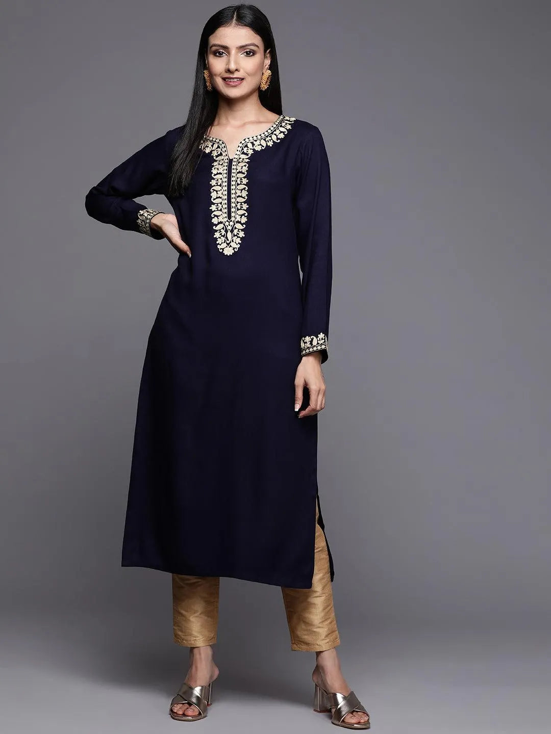 Navy Blue Embroidered Pashmina Wool Straight Kurta - Jashvi