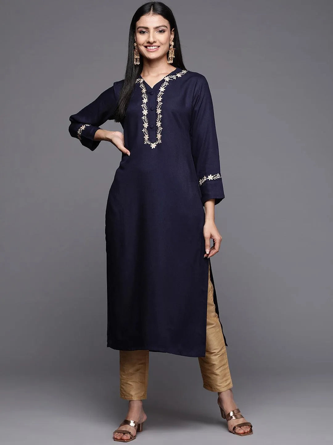 Navy Blue Embroidered Pashmina Wool Straight Kurta - Jashvi