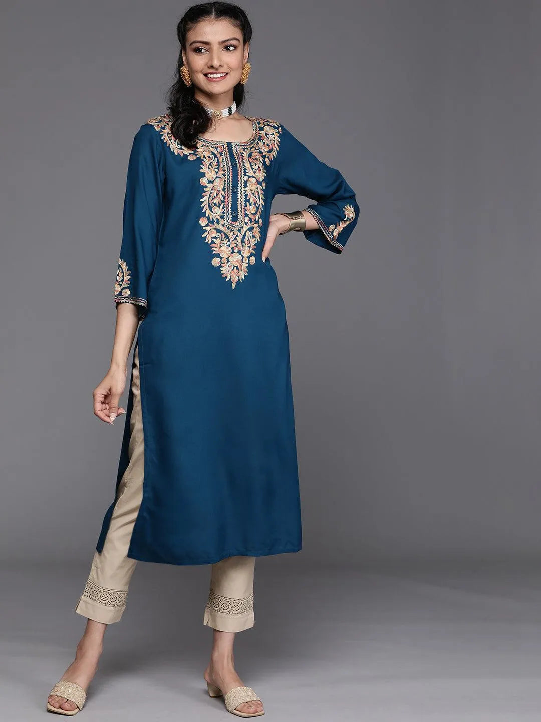 Navy Blue Embroidered Rayon Kurta - Jashvi