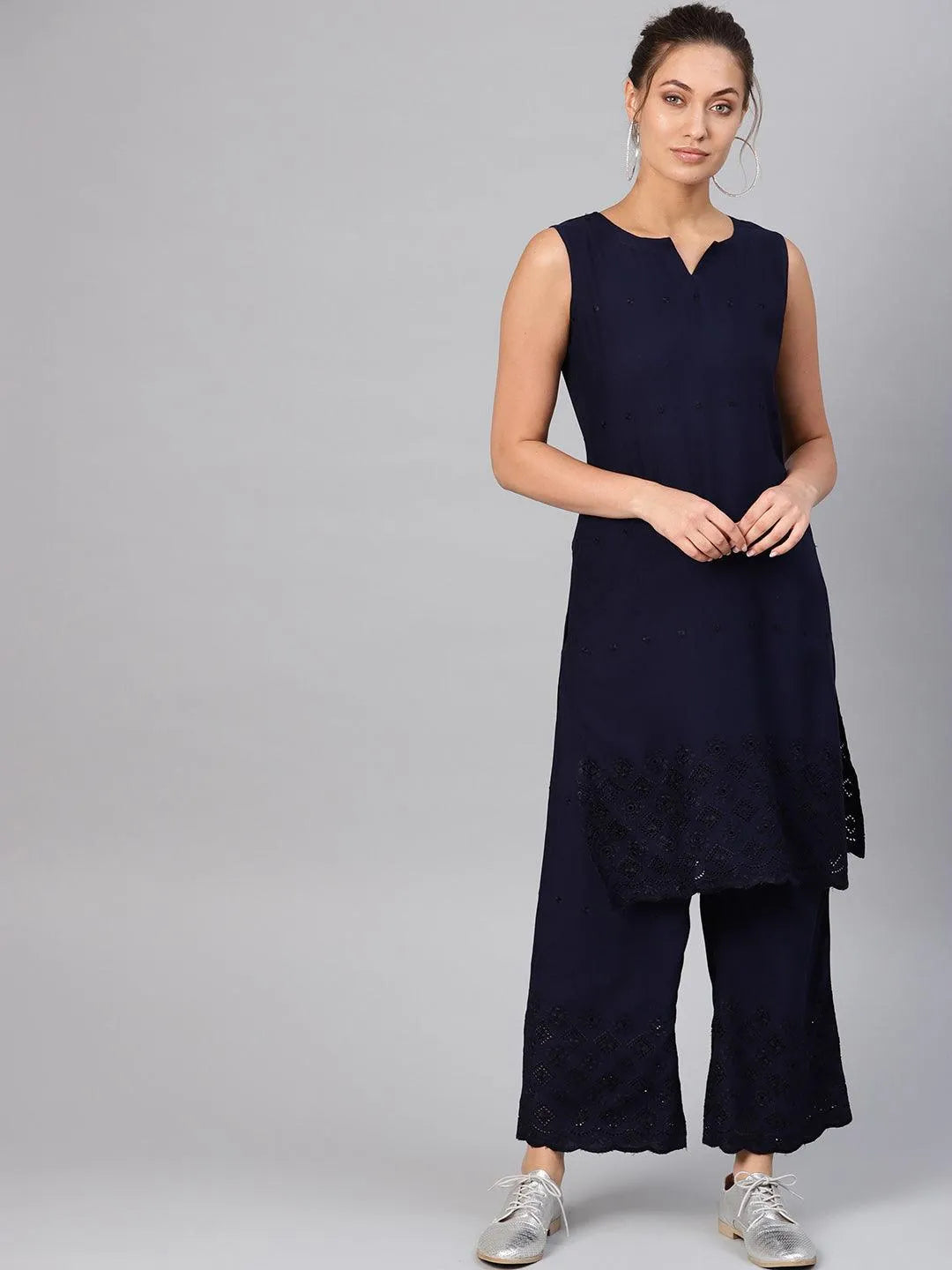 Navy Blue Embroidered Rayon Kurta Set - Jashvi