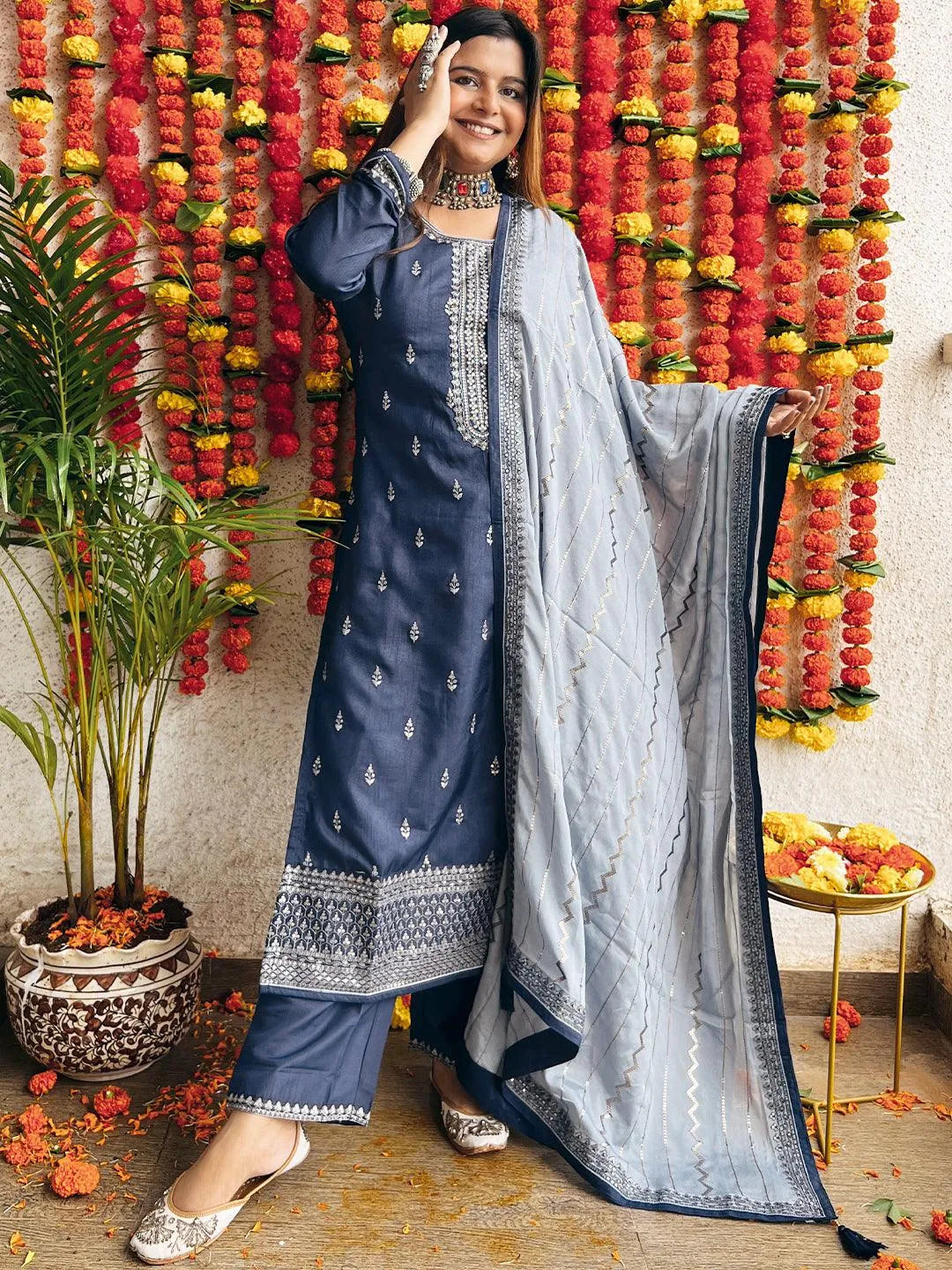 Navy Blue Embroidered Silk Blend Straight Suit Set - Jashvi