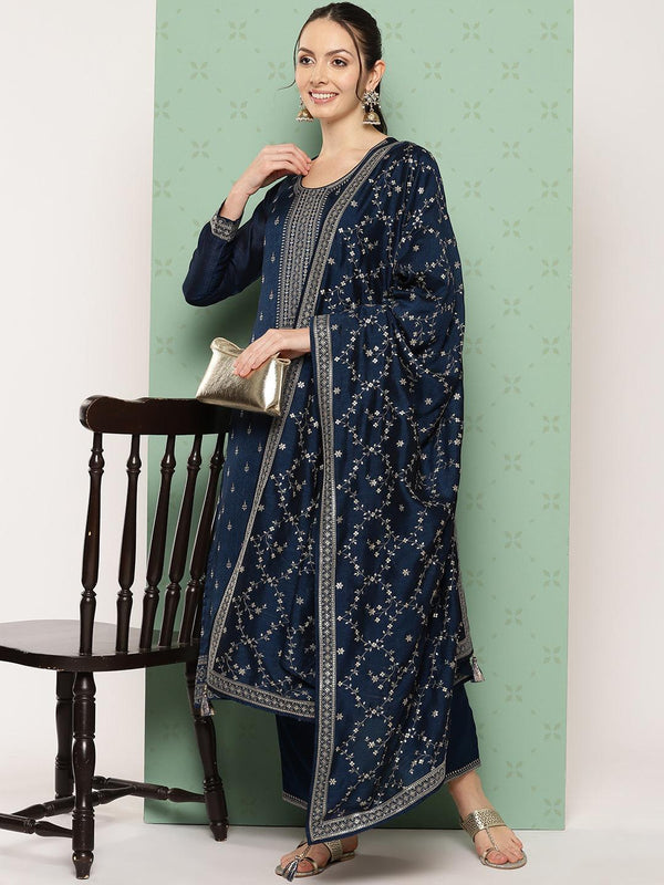 Navy Blue Embroidered Silk Blend Straight Kurta With Trousers & Dupatta - Jashvi