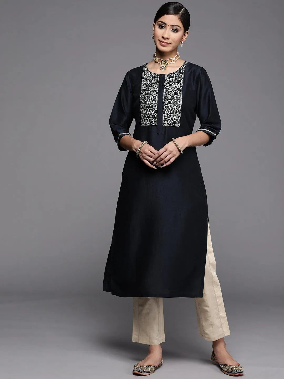 Navy Blue Embroidered Silk Kurta - Jashvi