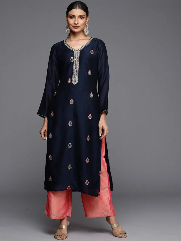 Navy Blue Embroidered Silk Straight Kurta - Jashvi