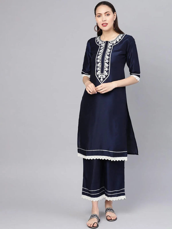 Navy Blue Embroidered Silk Kurta Set - Jashvi