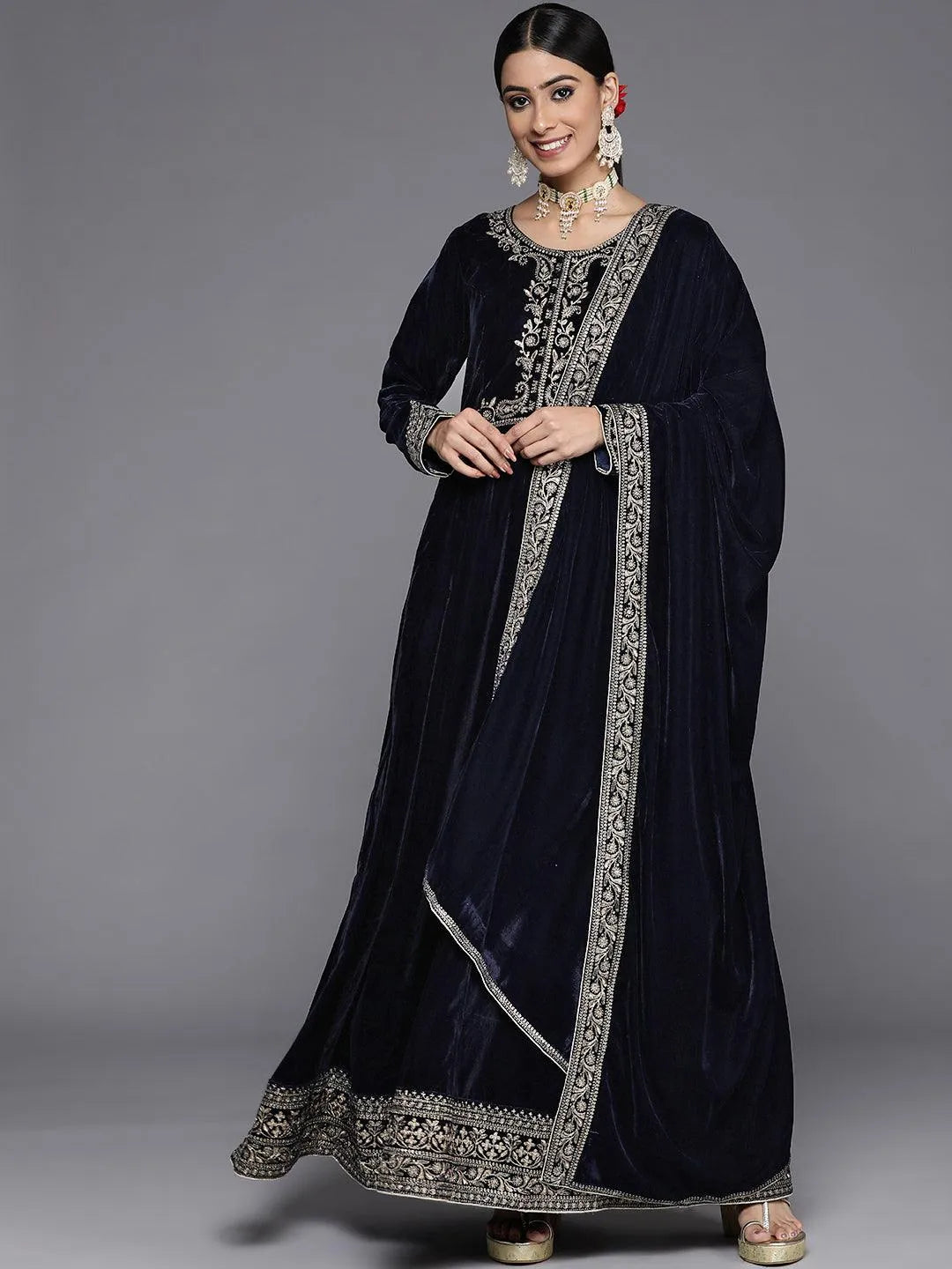 Navy Blue Embroidered Velvet Anarkali Suit Set - Jashvi