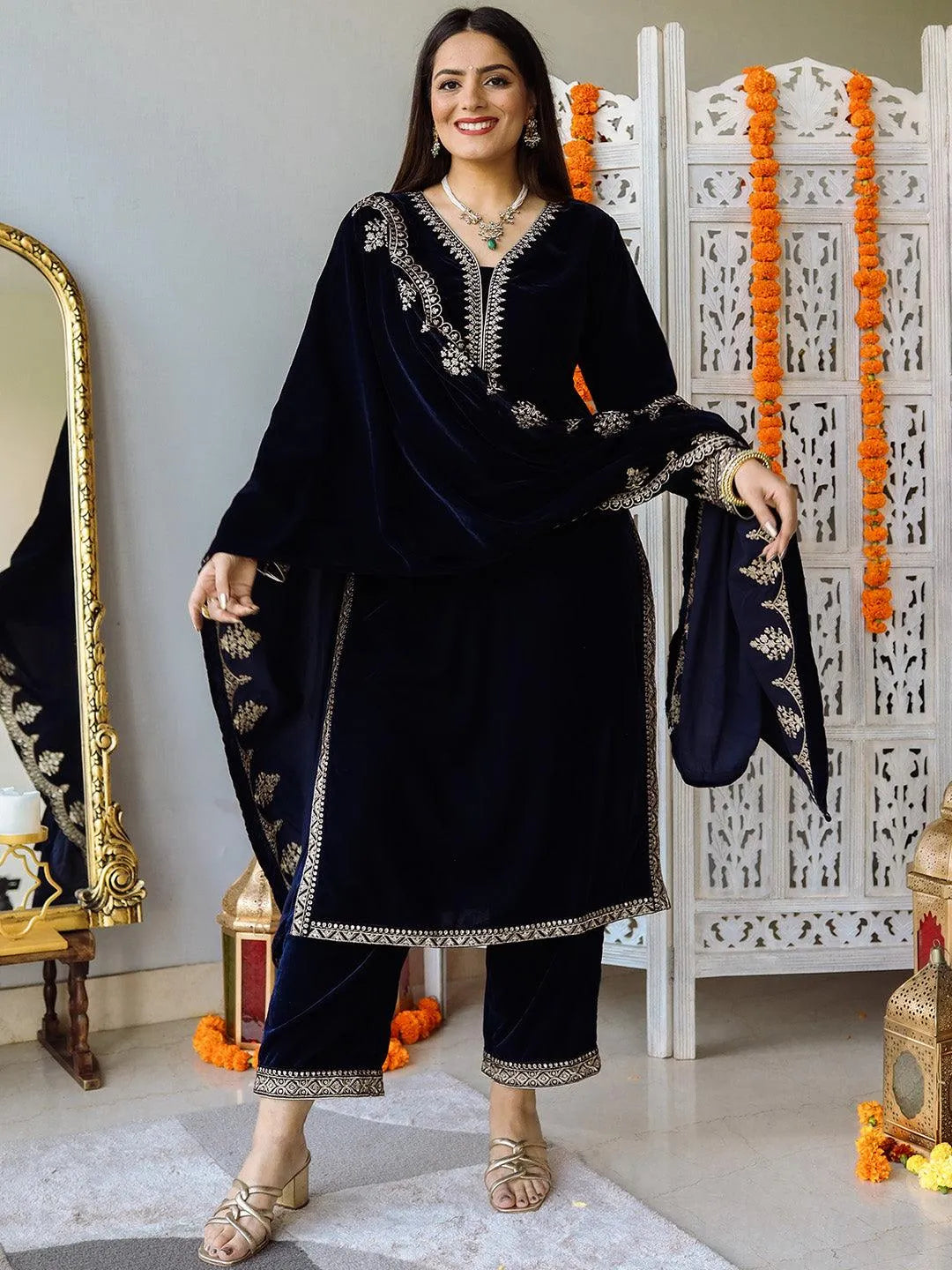 Navy Blue Embroidered Velvet Straight Suit Set - Jashvi