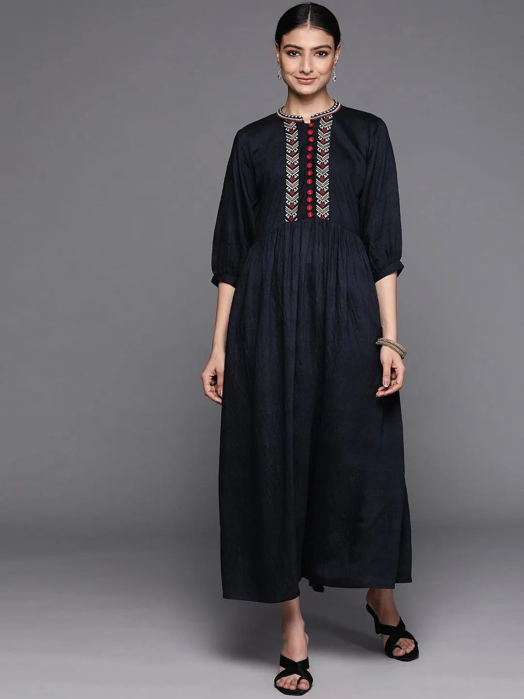 Navy Blue Embroidered Viscose Rayon Dress - Jashvi