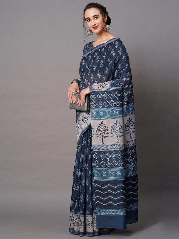 Women's Navy Blue Festive Bhagalpuri Silk Printed Saree With Unstitched Blouse - Odette