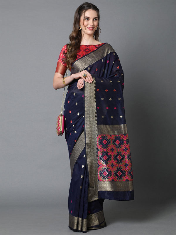 Women's Navy Blue Festive Cotton Blend Woven Design Saree With Unstitched Blouse - Odette