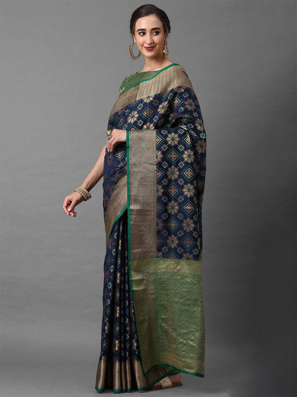 Women's Navy Blue Festive Silk Blend Geometric Saree With Unstitched Blouse - Odette