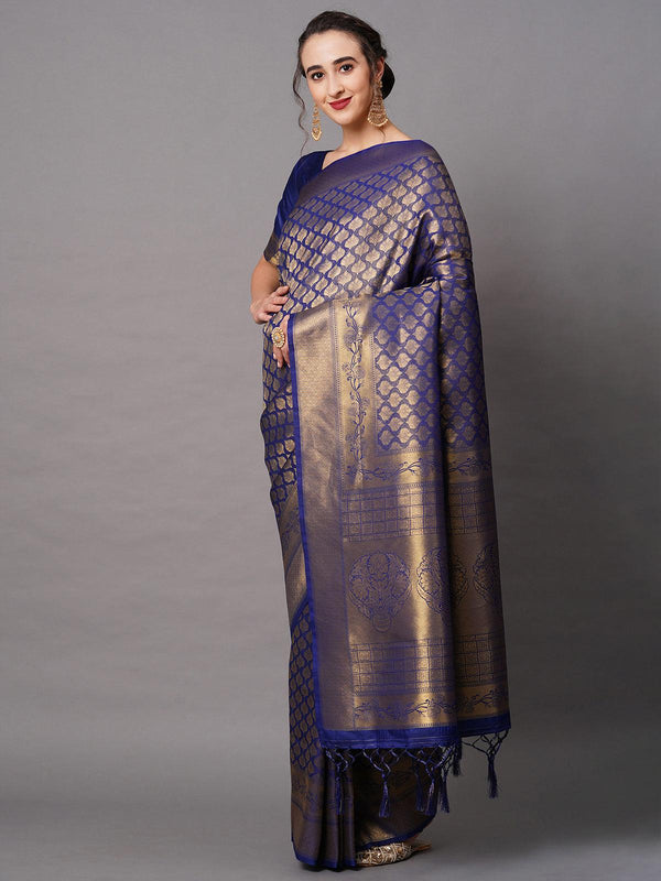 Women's Navy Blue Festive Silk Blend Woven Design Saree With Unstitched Blouse - Odette