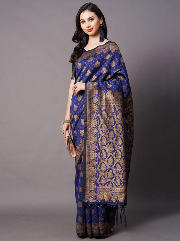 Women's Navy Blue Festive Silk Blend Woven Design Saree With Unstitched Blouse - Odette