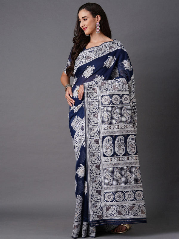 Women's Navy Blue Festive Silk Blend Woven Design Saree With Unstitched Blouse - Odette