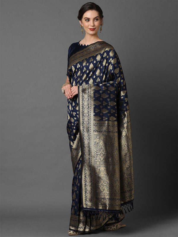 Women's Navy Blue Festive Silk Blend Woven Design Saree With Unstitched Blouse - Odette