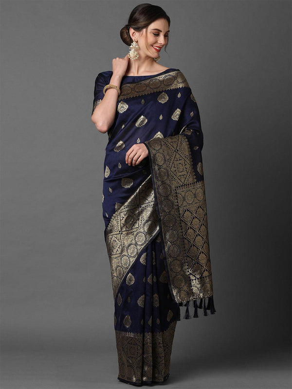 Women's Navy Blue Festive Silk Blend Woven Design Saree With Unstitched Blouse - Odette