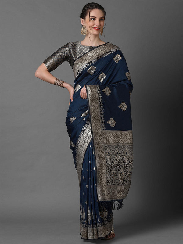 Women's Navy Blue Festive Silk Blend Woven Design Saree With Unstitched Blouse - Odette