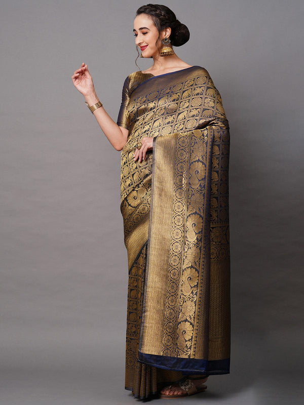 Women's Navy Blue Festive Silk Blend Woven Design Saree With Unstitched Blouse - Odette