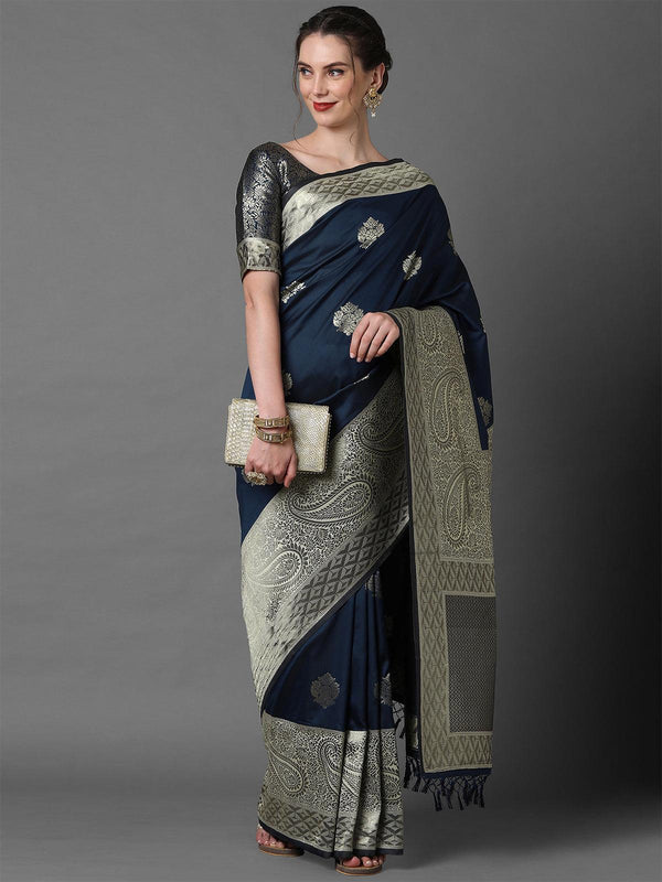 Women's Navy Blue Festive Silk Blend Woven Design Saree With Unstitched Blouse - Odette