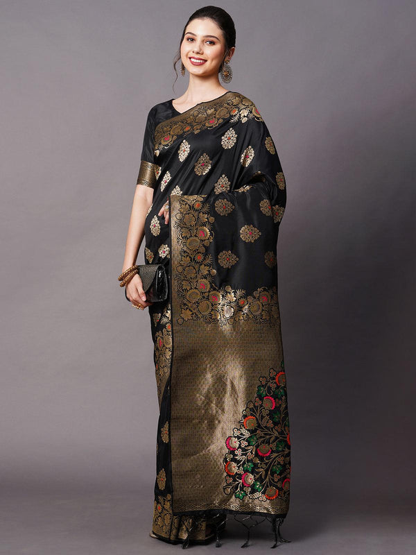 Women's Navy Blue Festive Silk Blend Woven Design Saree With Unstitched Blouse - Odette