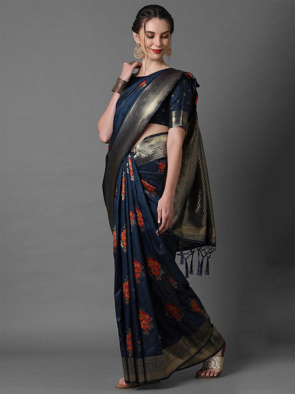 Women's Navy Blue Festive Silk Blend Woven Design Saree With Unstitched Blouse - Odette