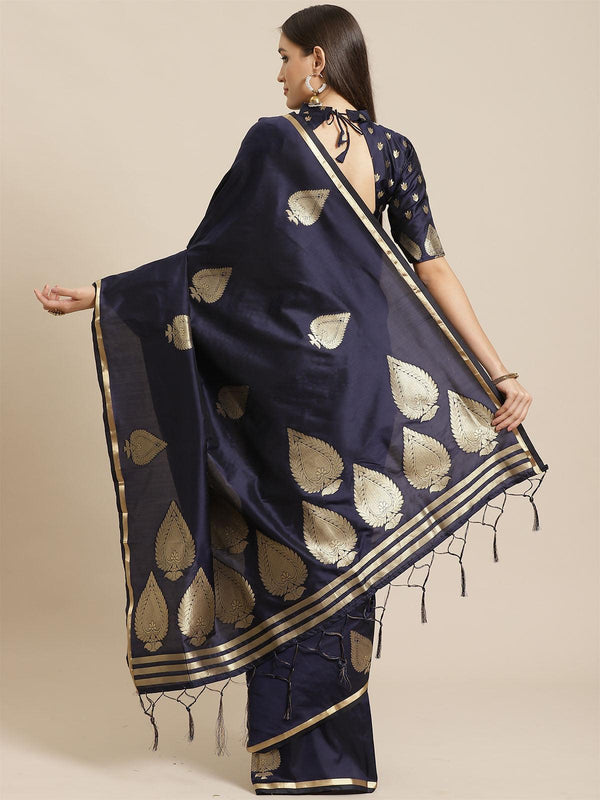 Women's Navy Blue Festive Silk Blend Woven Saree With Unstitched Blouse - Odette