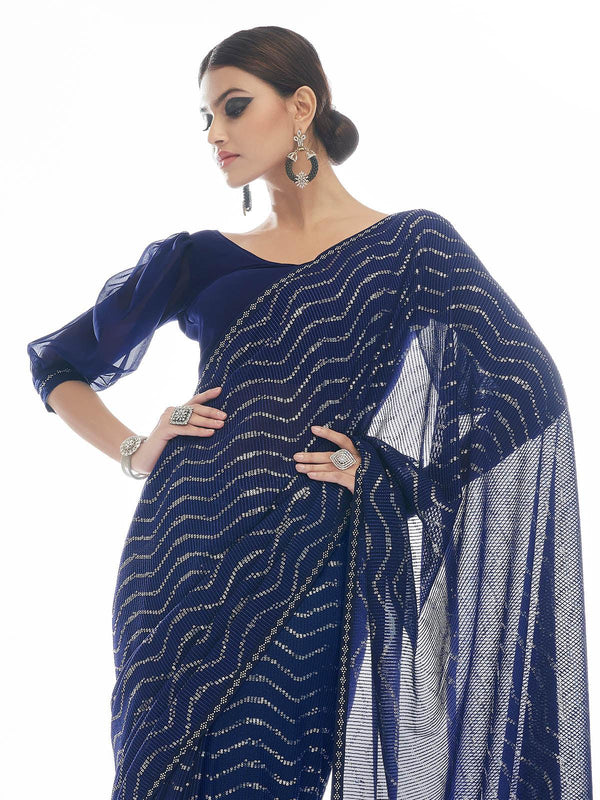 Women's Navy Blue Georgette Sequin Saree - Odette