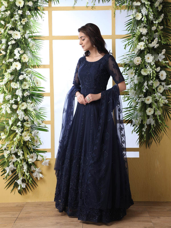 Women's Navy Blue Net Anarkali - Odette