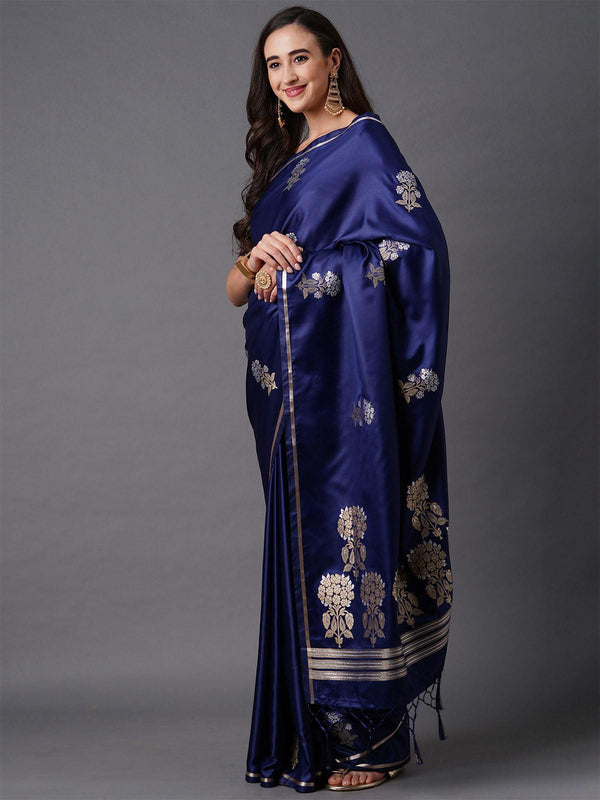 Women's Navy Blue Party Wear Silk Blend Woven Design Saree With Unstitched Blouse - Odette