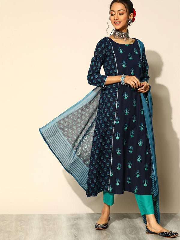 Women's Navy Blue Printed A-Line Kurta Trouser With Dupatta Set - Odette