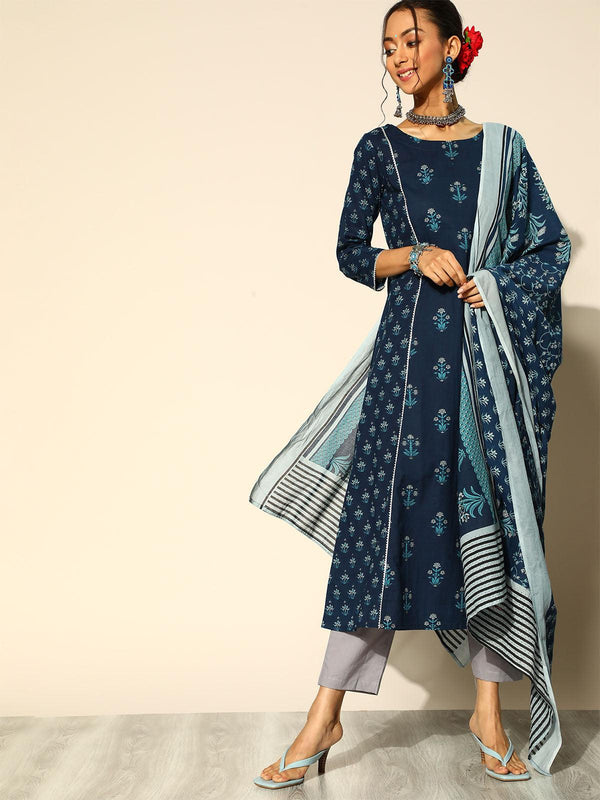 Women's Navy Blue Printed A-Line Kurta Trouser With Dupatta Set - Odette