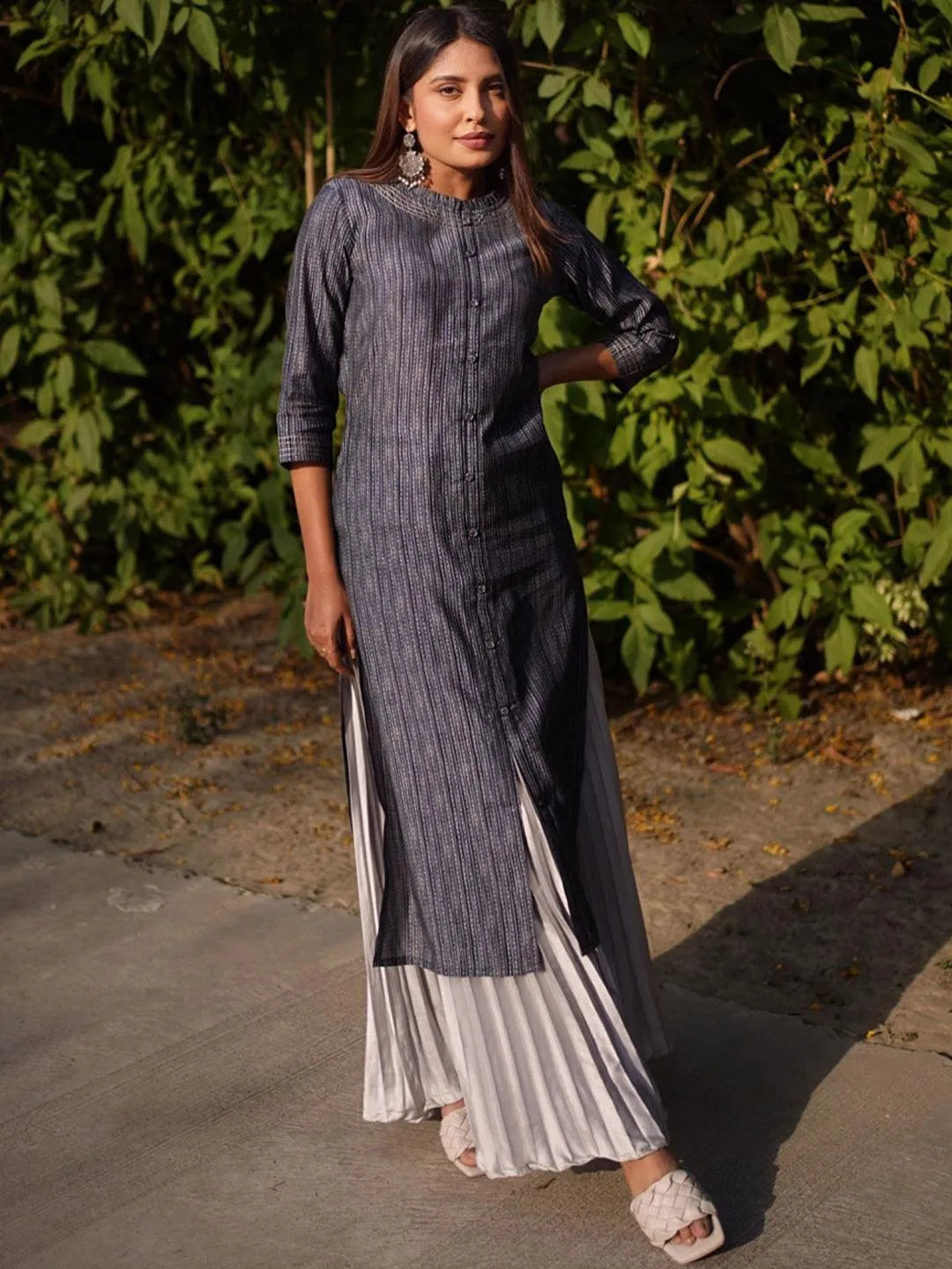 Navy Blue Printed Chanderi Silk Kurta - Jashvi