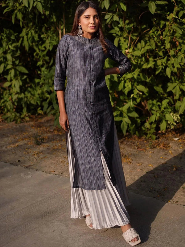 Navy Blue Printed Chanderi Silk Kurta - Jashvi