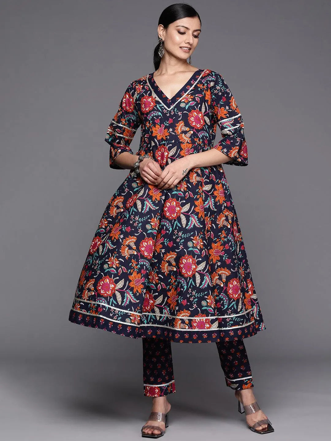 Navy Blue Printed Cotton Anarkali Kurta Set With Trousers - Jashvi