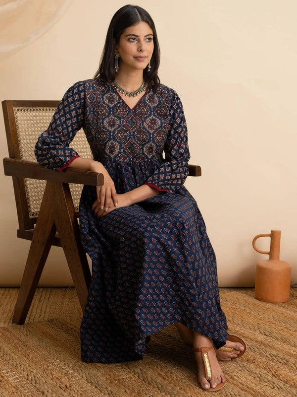 Navy Blue Printed Cotton Dress - Jashvi