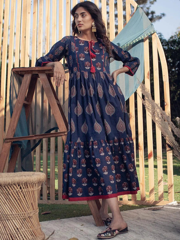 Navy Blue Printed Cotton Dress - Jashvi