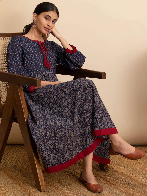 Navy Blue Printed Cotton Dress - Jashvi