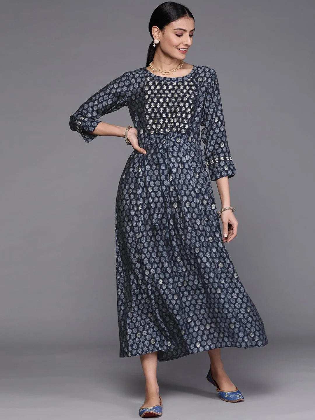 Navy Blue Printed Cotton Dress - Jashvi