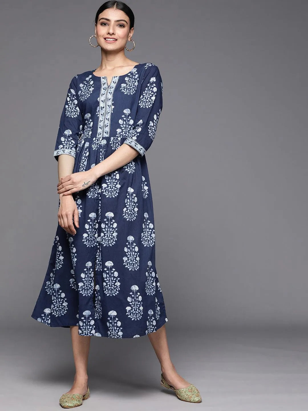 Navy Blue Printed Cotton Dress - Jashvi