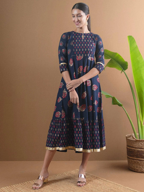 Navy Blue Printed Cotton Dress With Mask - Jashvi