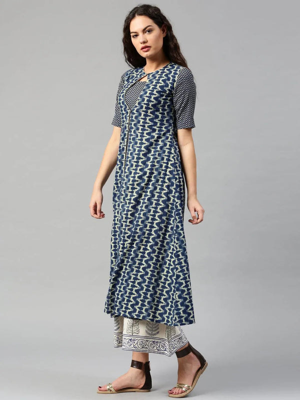 Navy Blue Printed Cotton Kurta - Jashvi