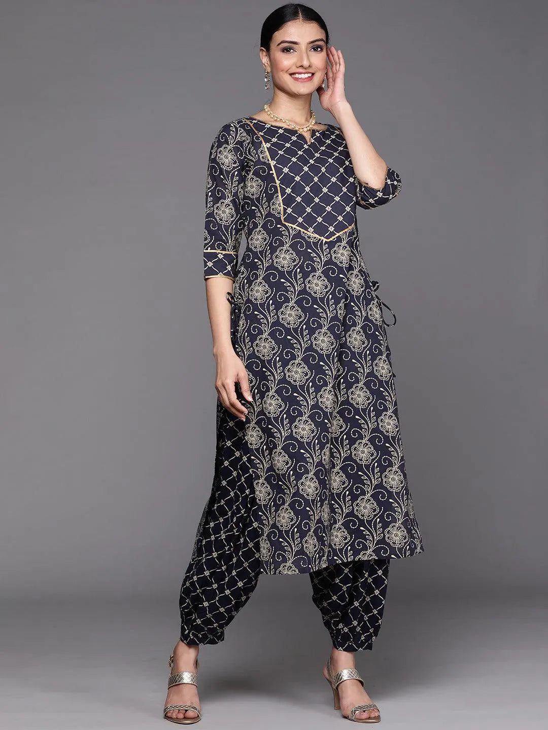 Navy Blue Printed Cotton Kurta - Jashvi