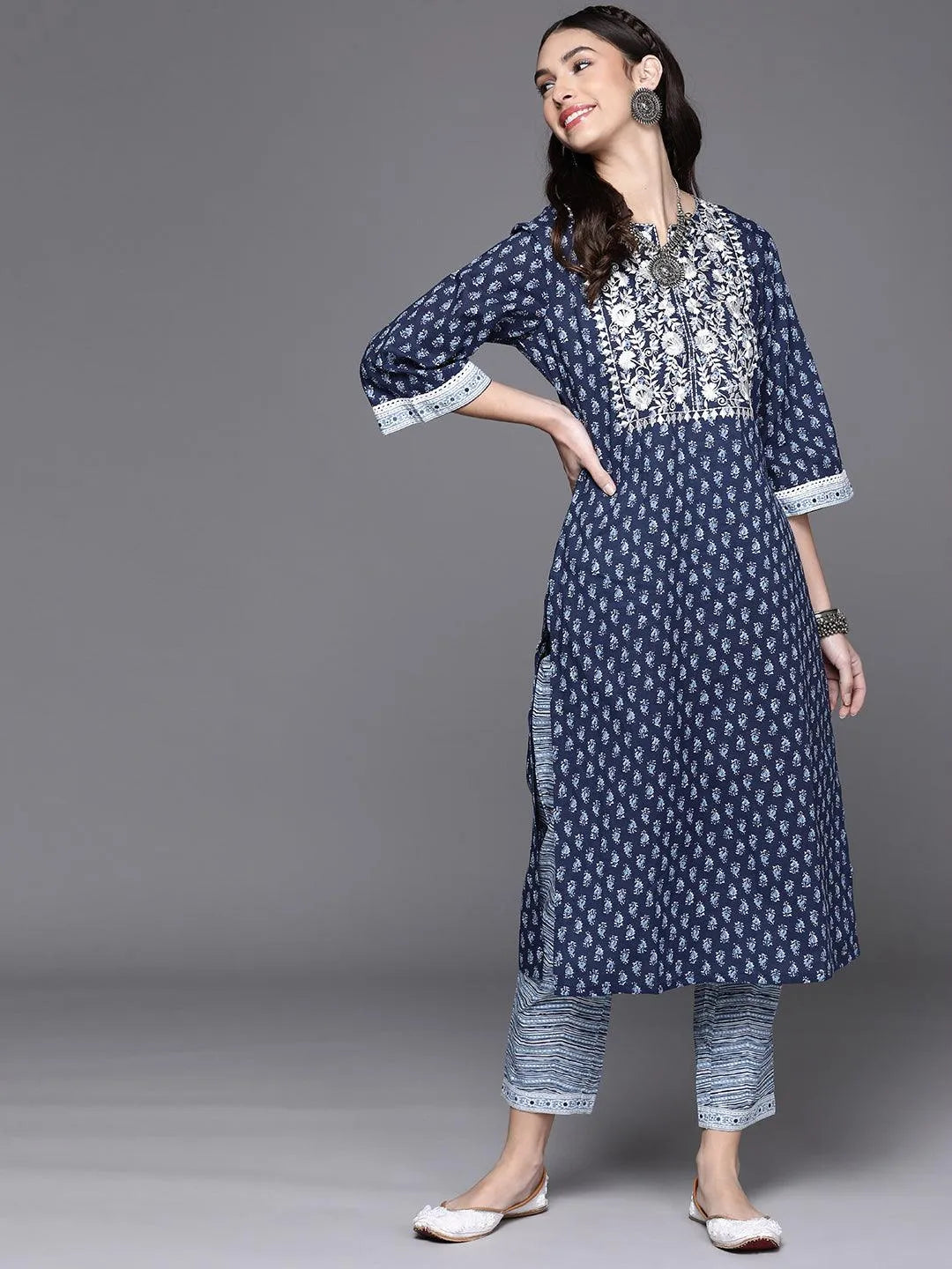 Navy Blue Printed Cotton Kurta - Jashvi