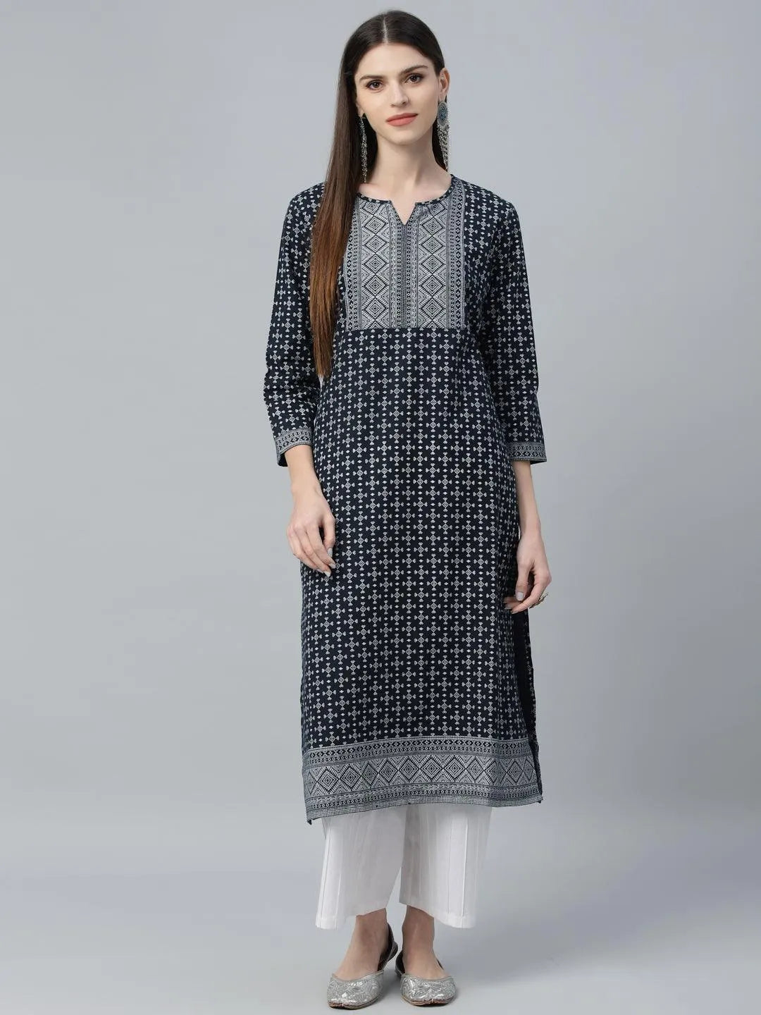 Navy Blue Printed Cotton Kurta - Jashvi