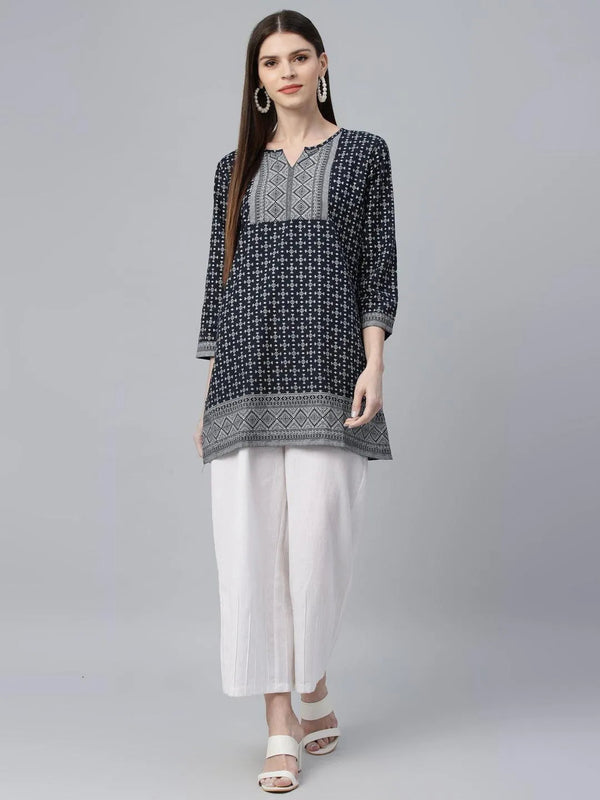 Navy Blue Printed Cotton Kurti - Jashvi