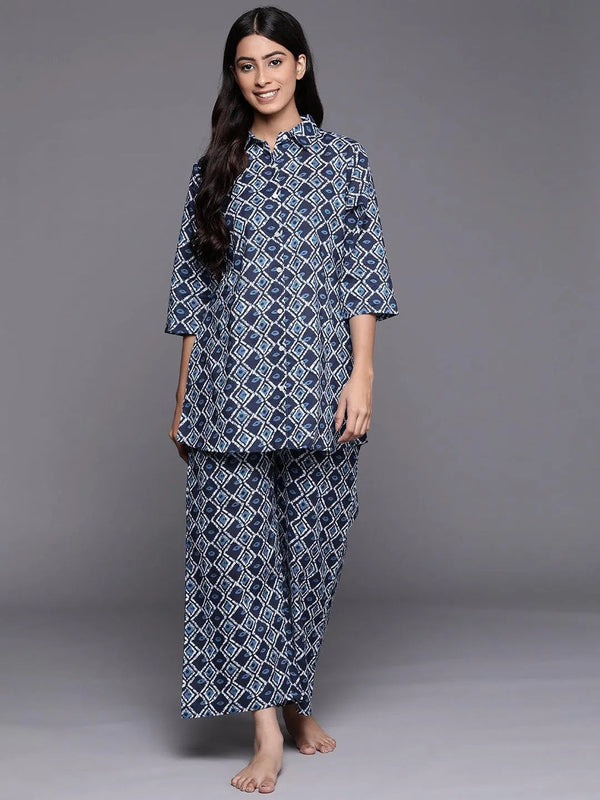 Navy Blue Printed Cotton Night Suit - Jashvi