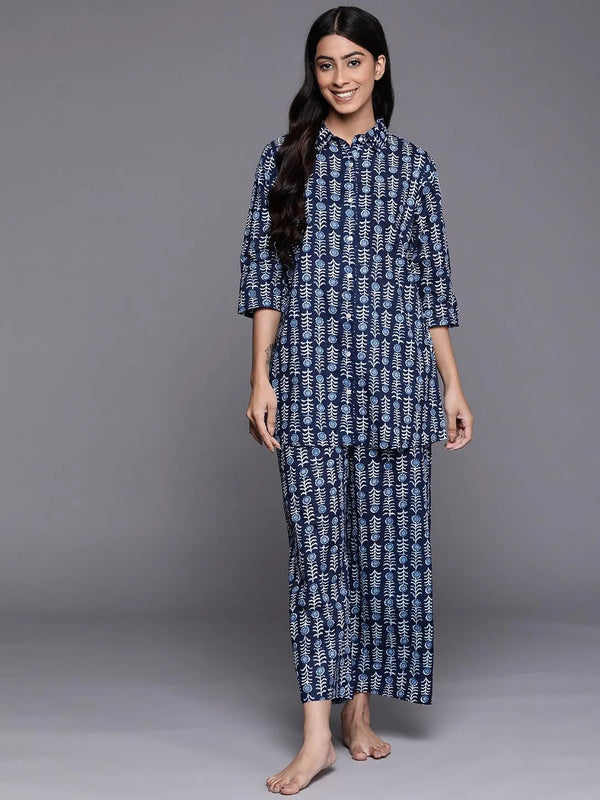 Navy Blue Printed Cotton Night Suit - Jashvi