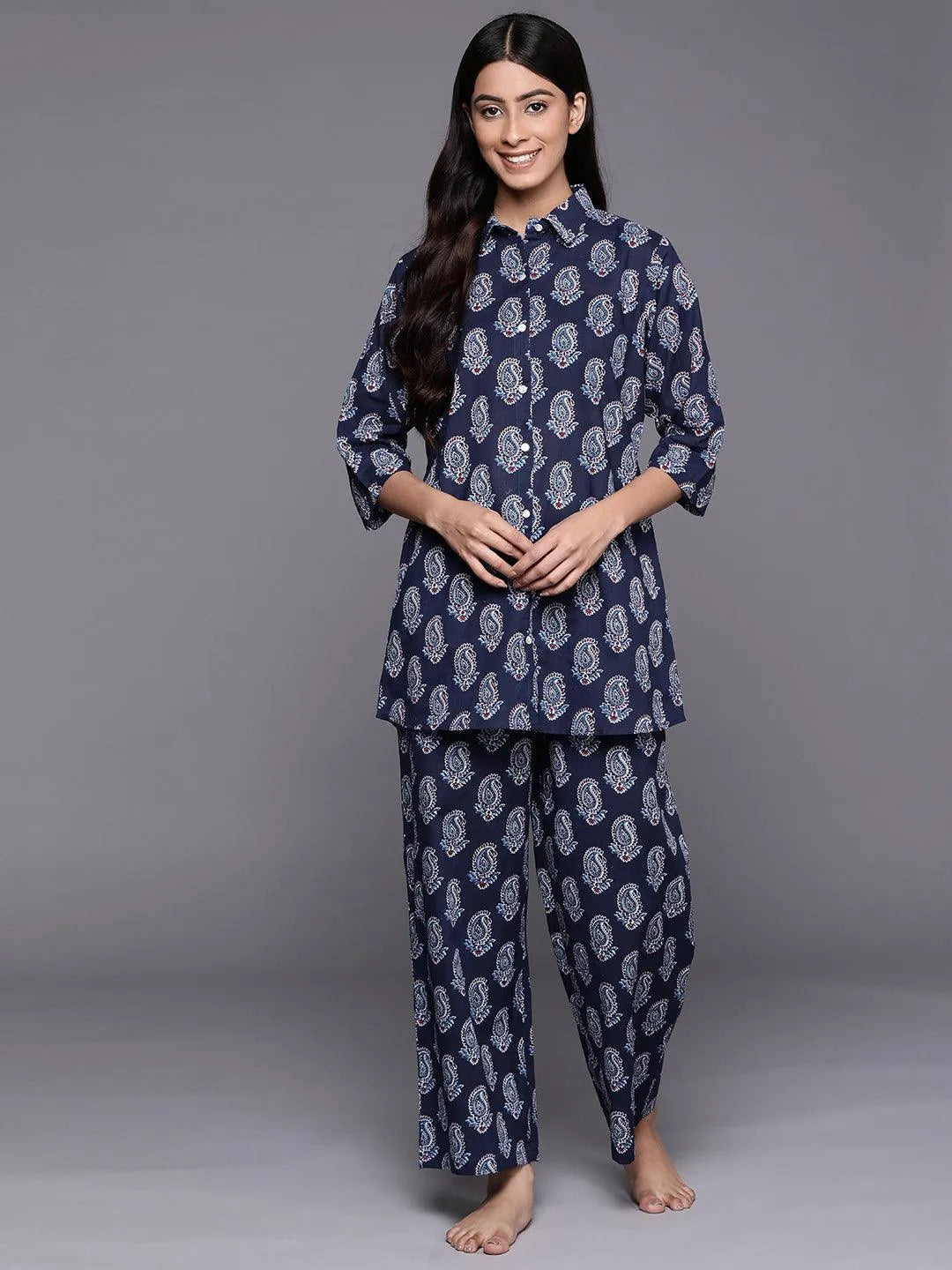 Navy Blue Printed Cotton Night Suit - Jashvi