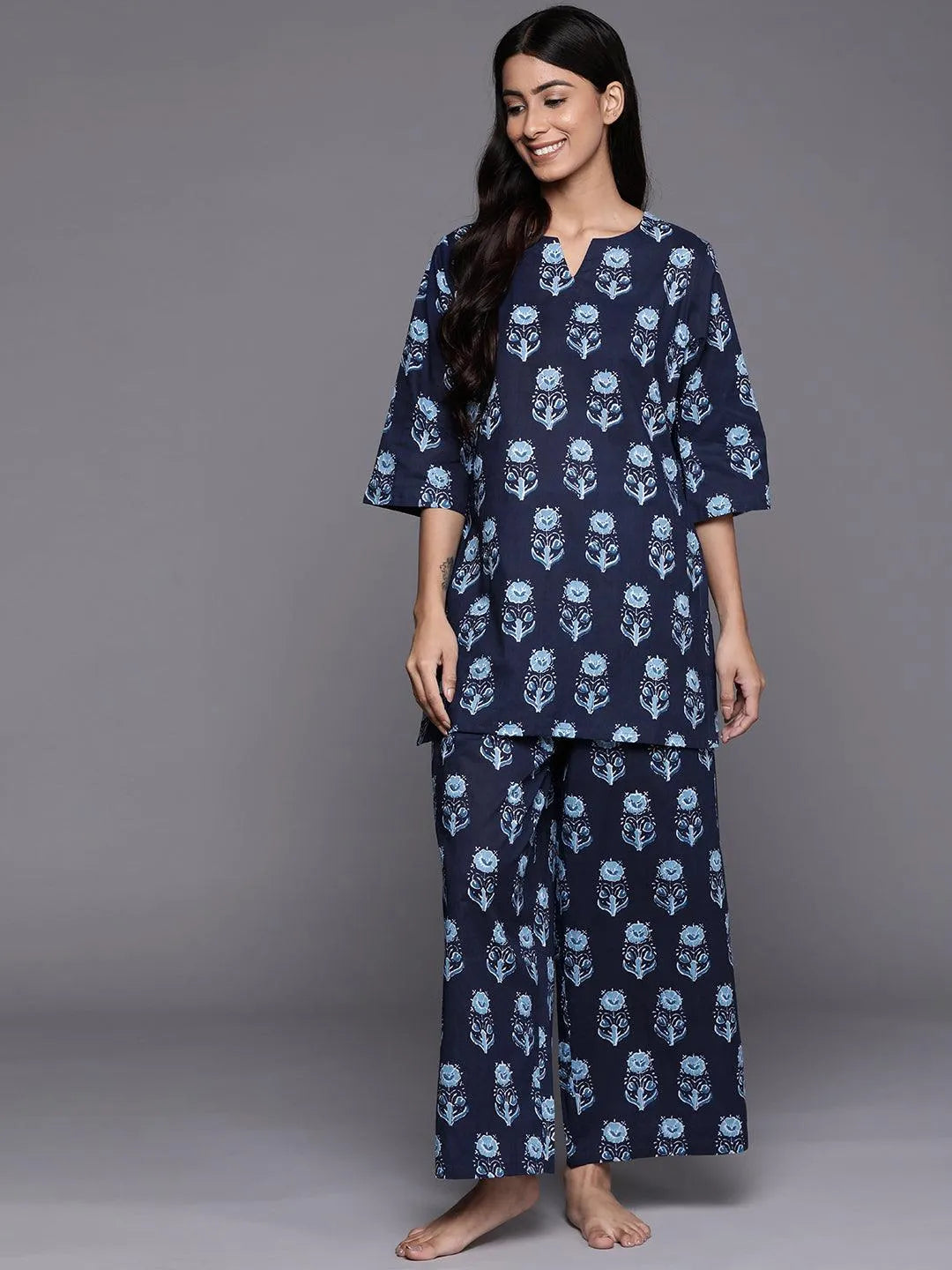 Navy Blue Printed Cotton Night Suit - Jashvi